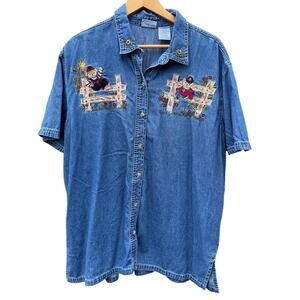 Teddy Bear Bobbie Brooks Autumn Fall Embroidered blue denim shirt Sz XL 18W 20W